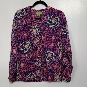 NWOT Vera Bradley Pink Blue Floral Geometric Long Sleeve Button Up Shirt M